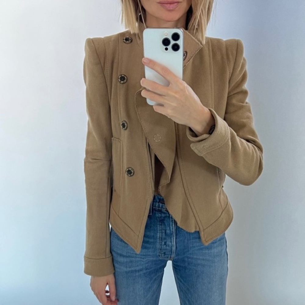 EUC. 90s [BCBG] Camel Military Moto Coat | Cashmere + Wool Beige Jacket | Medium - Picture 6 of 15